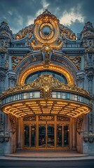 Obraz premium Enchanting Theater Entrance: Gold Detailing and Grand Marquee in Soft Light
