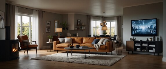 Fototapeta premium illustrate the concept of the Internet of Things with an image of a smart home, featuring various connected devices and appliances, shot from a low angle with a wide-angle lens to showcase the entire 