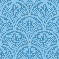Scalloped floral seamless pattern. Hand drawn symmetrical flowers in monochromatic blue colors. Scallop half circle geometrical botanical ornament. Repeat allover backdrop