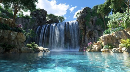 Naklejka premium Serene Waterfall Landscape with Crystal Clear Pool and Lush Vegetation Generative AI