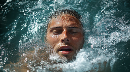 Portrait of a young man in a pool with water splashes