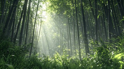 Serene Bamboo Forest with Dappled Sunlight for Relaxation and Wellness Generative AI