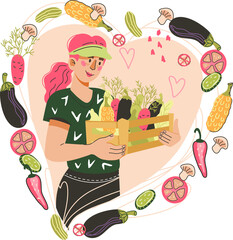 Decorative image for farm food with farmer female cartoon character presenting crop of vegetables and fruits. Eco market and harvest festival, vegetarian shop emblem or logo.