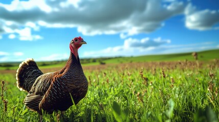 Fototapeta premium A turkey in a lush green field, with a bright blue sky in the background, conveying a serene rural atmosphere