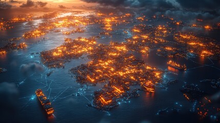 Logistics platform showing container ship movements across international shipping lanes on a world map
