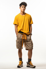 Fototapeta premium A man in yellow color casual outfit standing in the studio with isolated background