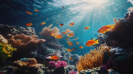 Obraz premium A vibrant coral reef underwater, teeming with colorful fish and marine life