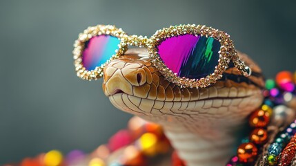 Fototapeta premium A snake stylishly dressed in vibrant beads and shiny sunglasses showcases a festive, playful spirit