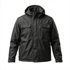 A stylish, black jacket featuring a hood and multiple pockets, ideal for outdoor activities and casual wear.