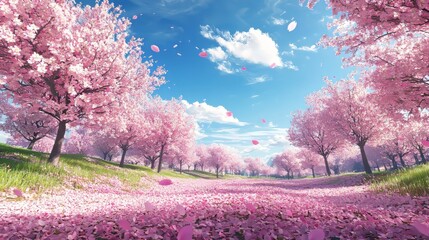Obraz premium Serenity of Cherry Blossom Grove with Clear Blue Sky, Perfect for Spring or Summer Seasonal Designs Generative AI
