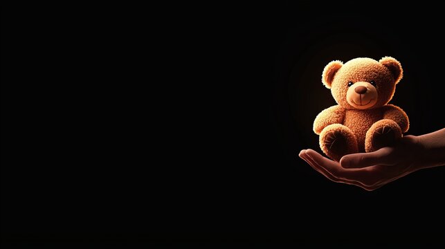 A cozy teddy bear held gently in a hand against a dark backdrop, evoking warmth and nostalgia in soft textures.