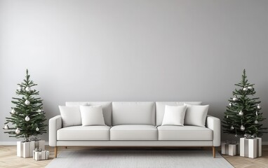 Fototapeta premium Modern minimalist living room with white and silver Christmas decor, clean and stylish, 3D illustration