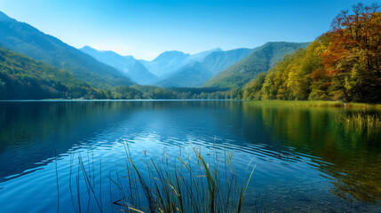 serene lake surrounded by majestic mountains and vibrant autumn foliage creates perfect balance and harmony in nature. calm water reflects stunning landscape, inviting tranquility