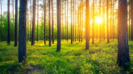 Naklejka premium Majestic Forest Sunset with Warm Golden Rays Filtering Through the Tall Lush Branches