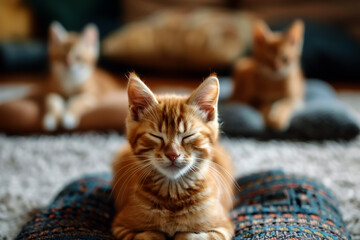 Relaxing cats in yoga poses create serene atmosphere, showcasing their playful nature and charm. These adorable felines bring joy and tranquility to any space