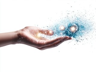 Fototapeta premium A hand releasing bursts of colorful particles, symbolizing creativity and the magic of imagination in a vibrant display.