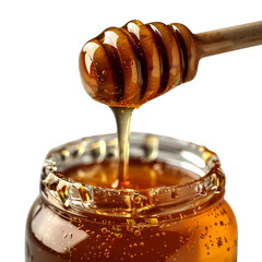 Delicious honey dripping from wooden dipper into glass jar, showcasing its rich golden color and smooth texture, evoking sense of sweetness and natural goodness