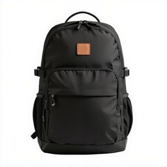 Fototapeta premium A sleek black backpack with a minimalist design, featuring a front pocket and adjustable straps, ideal for travel or daily use.