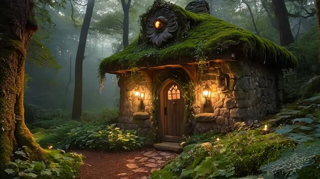 A whimsical and enchanting cottage nestled in a lush and vibrant forest
