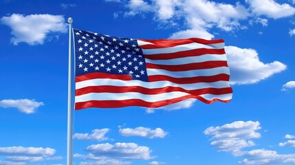 Obraz premium A waving American flag in the foreground with a clear blue sky and soft clouds as the backdrop