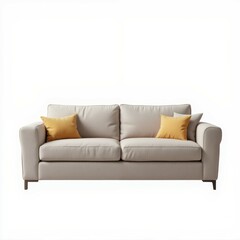 Obraz premium A modern beige sofa with two yellow cushions, perfect for adding comfort and style to any living space.