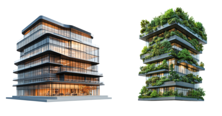 Modern Office Buildings with Green Architecture isolated on transparent background.  