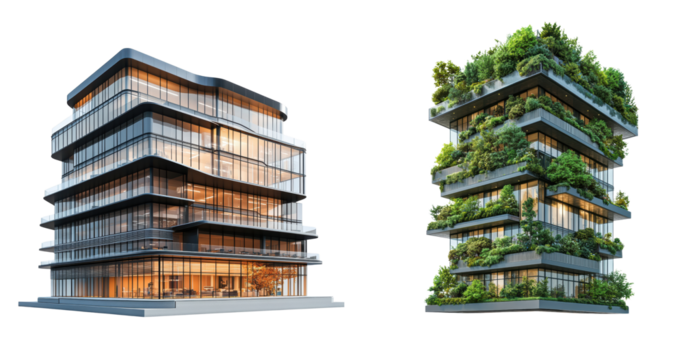 Modern Office Buildings with Green Architecture isolated on transparent background.  