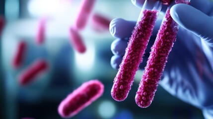 Close-up of a laboratory hand holding test tubes filled with pink bacterial cultures, showcasing biotechnological research and innovation in a vibrant scientific environment.