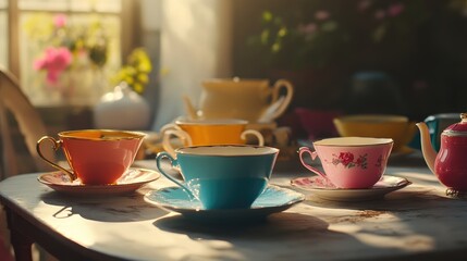 Fototapeta premium An elegant assortment of colorful teacups and saucers placed on a vintage table, inviting warmth and comfort