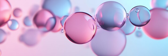 Abstract background of colorful, iridescent bubbles in a soft, pink and blue color palette.