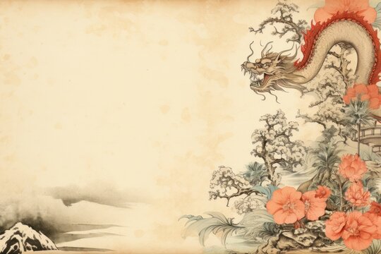 Red chinese dragon border paper art representation.