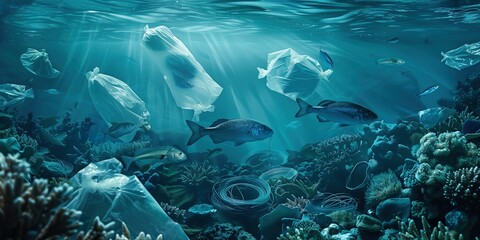 Underwater scene with fish swimming among plastic pollution and coral reefs, blurred and shallow focus
