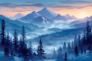 Obraz premium Majestic Winter Sunrise Over Snow-Covered Mountain Landscape for Nature Art