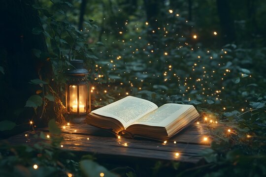 Open Book in Forest with Lantern and Fairy Lights