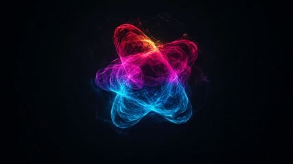 A vibrant abstract representation of a colorful atom-like structure with glowing blue and pink hues against a dark background, symbolizing energy and innovation in science.