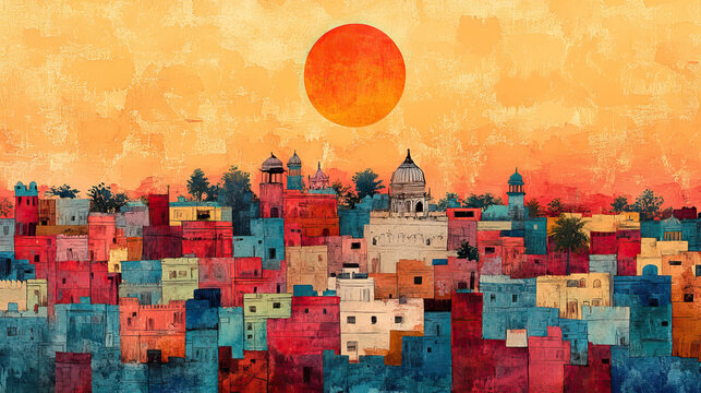 Meerut, classic traditional wood block print effect. Woodblock printing. Graphic designed, illustration for travel poster, card, wallpaper, backdrop or banner. Modern, trendy