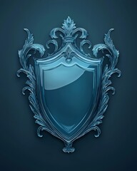Blue Glass Ornate Shield Crest on Dark Background