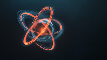 An abstract representation of an atom with orbiting electrons, glowing in vibrant colors against a dark background, symbolizing energy and innovation in science.