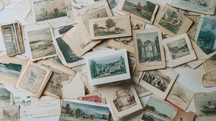 Vintage postcard collection spread on white surface