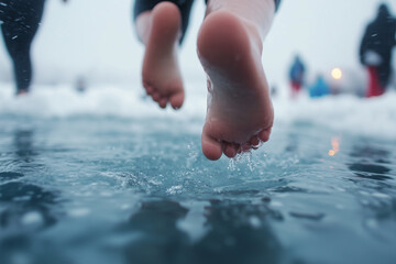 Participants jump into icy cold water to raise money for a cause, followed by warming stations with blankets and hot drinks, making for a thrilling winter event. with empty copy space for branding.
