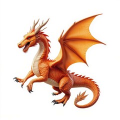 Obraz premium A vibrant orange dragon with detailed scales and large wings, poised in a dynamic stance, symbolizing power and fantasy.