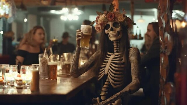 Skeleton in a Bar Celebrating