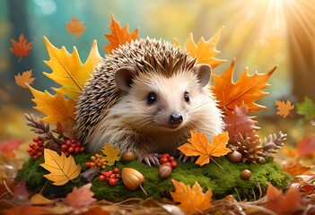 Hedgehog in leaves, autumn, garden
