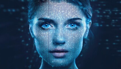  human face covered in binary code