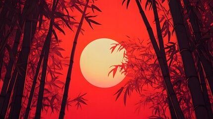 Red Sunset with Bamboo Forest Silhouettes and Full Moon