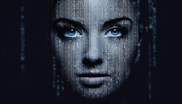  human face covered in binary code