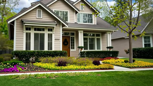 Modern Family Home With For Sale Sign in Springtime Suburb, Well-Maintained Garden, Detached House, Real Estate Opportunity, Calm Neighborhood, Perfect for Growing Families