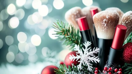 A festive arrangement of makeup brushes among holiday decorations, creating a seasonal beauty theme.