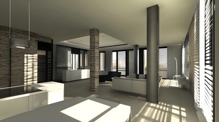 Fototapeta premium Airy Modern Loft with Exposed Brick and Industrial-Chic Lighting and Furniture