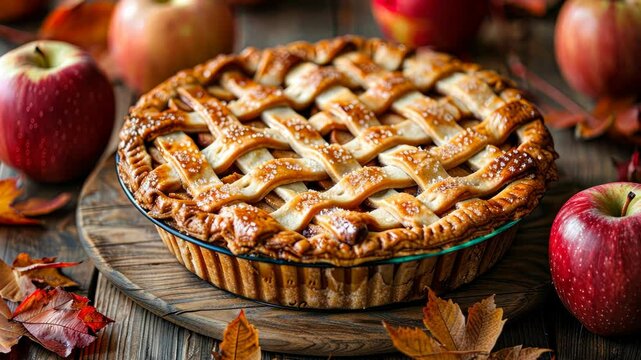 A freshly baked apple pie sits on a wooden table surrounded by red apples and autumn leaves
